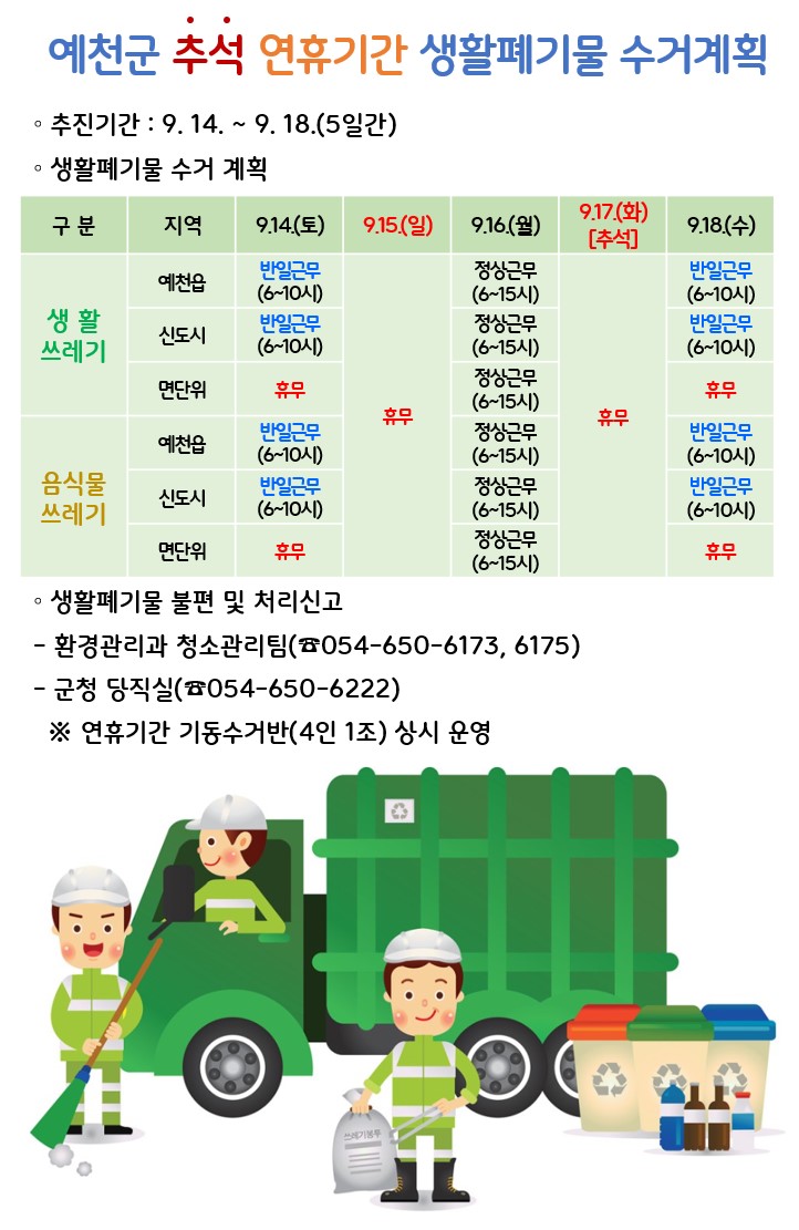 1.2024년 추석 연휴기간(9. 14. ~ 9. 18.) 생활폐기물 수거계획